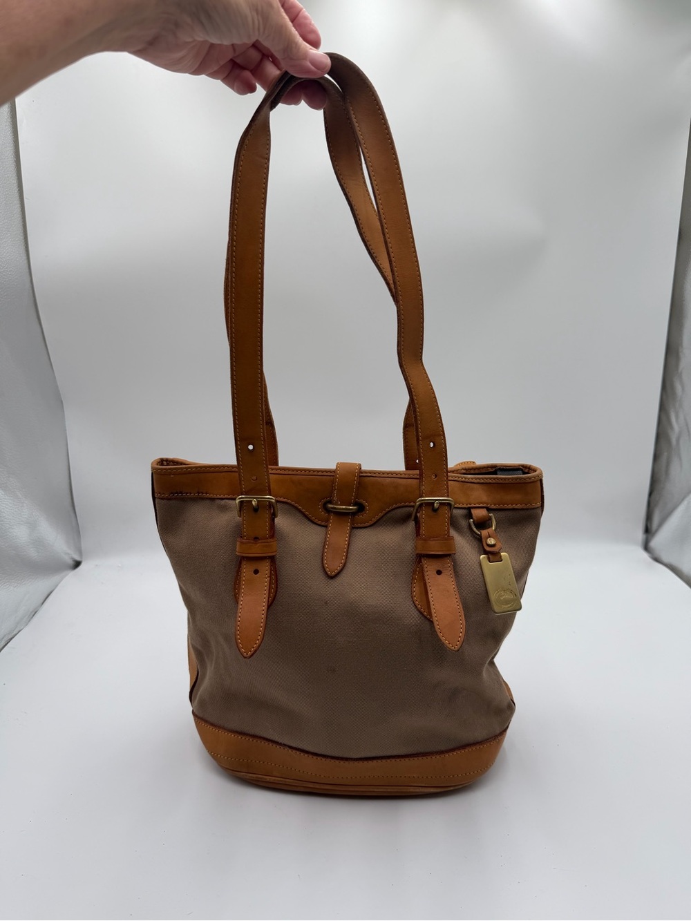 Vintage Dooney & Bourke Cabriolet Bucket Bag Tote Taupe Canvas Tan Leather USA